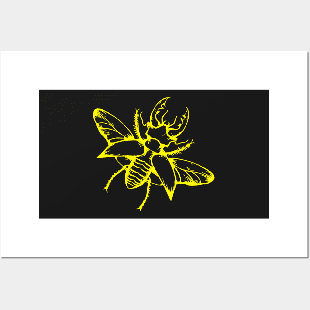 Stag Beetle Neon Yellow Color Insect Bug Art Design - Black Background Wall Art by Thor